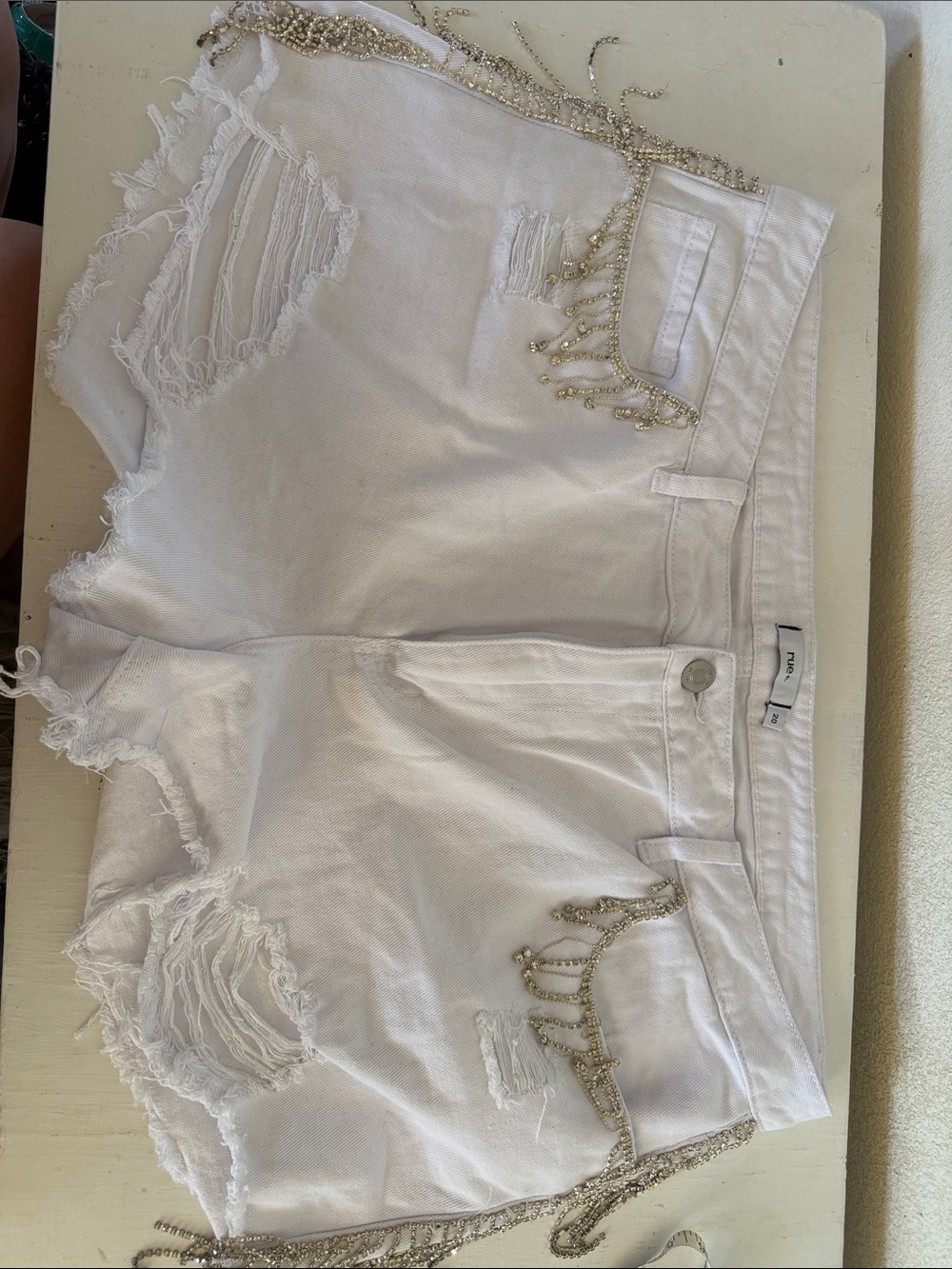 Rue21 White Distressed Denim Shorts with Beaded Fringe